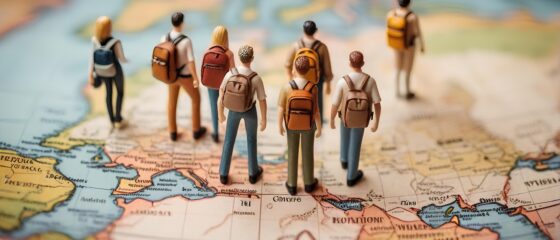 ミニチュアの人々。世界地図の上で旅行する姿。旅行と休暇のコンセプト｜miniature people. Traveling on a world map. Travel and vacation concept. Generative AI