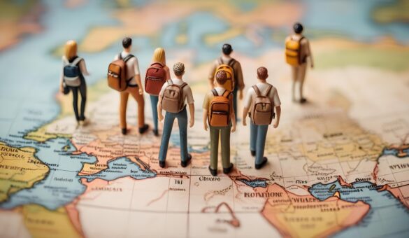 ミニチュアの人々。世界地図の上で旅行する姿。旅行と休暇のコンセプト｜miniature people. Traveling on a world map. Travel and vacation concept. Generative AI
